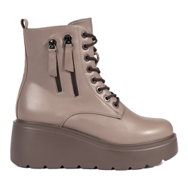 Goodin Botas de cuña de mujer con cordones y cremalleras decorativas beige oscuro Goodin Botas de cuña de mujer con cordones y cremalleras decorativas beige oscuro