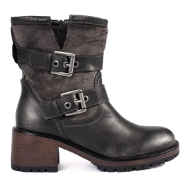 Botines de mujer con tacón y hebillas en marrón oscuro metalizado