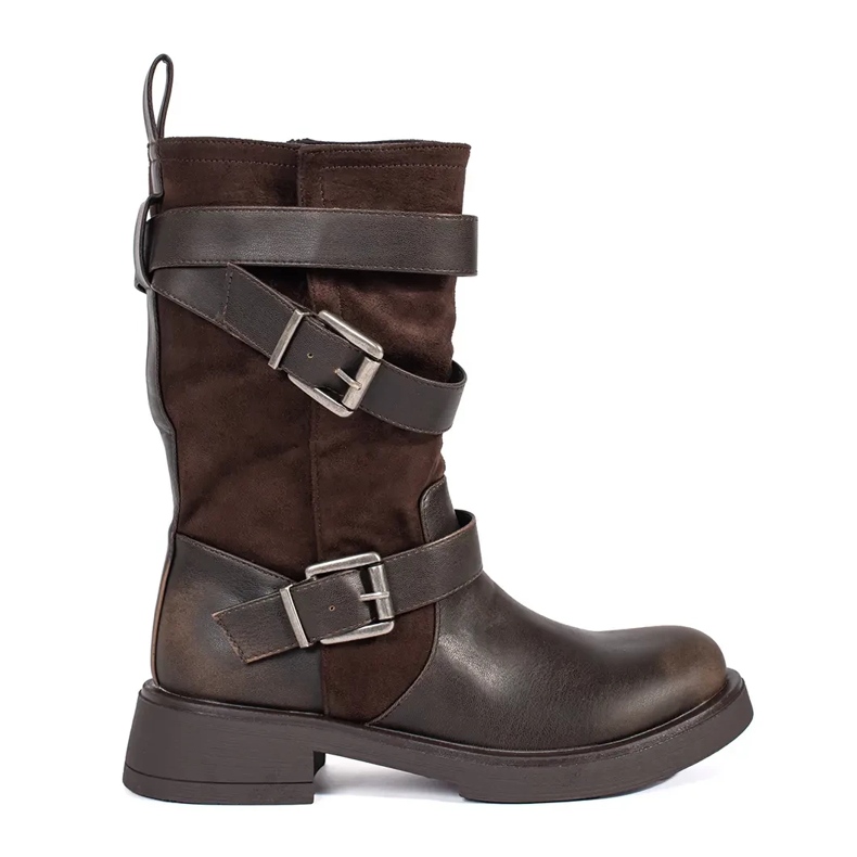 Botines de mujer marrones con tacón bajo y hebillas marrón
