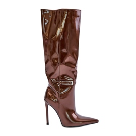 Botas aislantes de charol con tacón alto y hebilla, Tameliae marrón Botas aislantes de charol con tacón alto y hebilla, Tameliae marrón