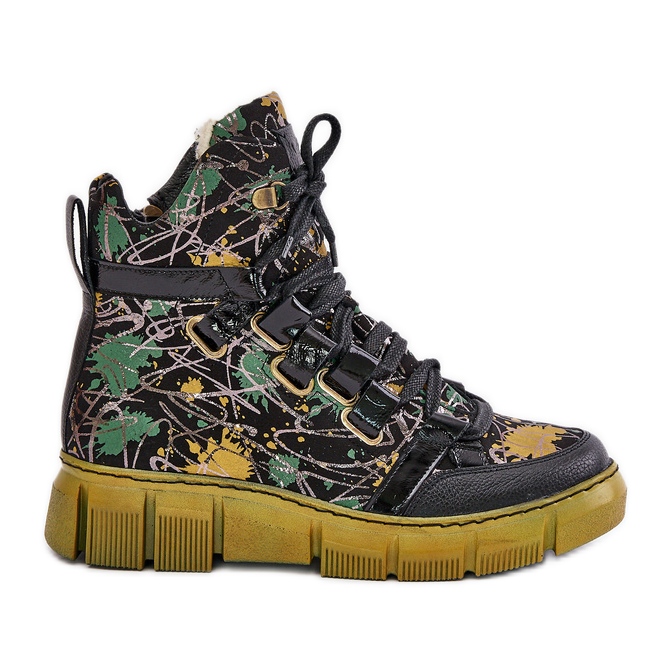 Botines Planos de Piel con Cordones Maciejka 06158-07 Amarillo y Negro dorado