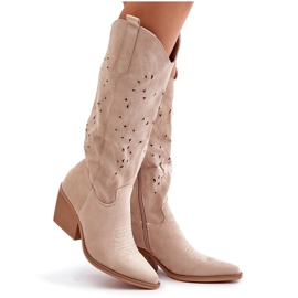 Botas cowboy por encima de la rodilla con estampado calado, beige claro Innathoria