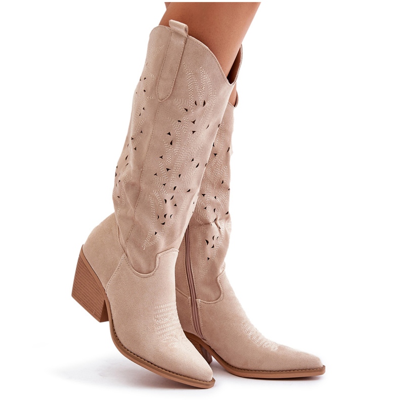 Botas cowboy por encima de la rodilla con estampado calado, beige claro Innathoria
