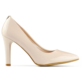 Zapatos de salón de mujer beige charol con tacón cómodo, elegantes zapatos de mujer beige