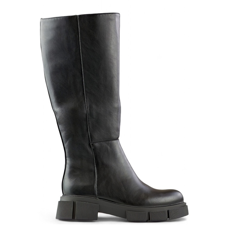 Botas negras de ecopiel, botas hasta la rodilla con suela gruesa negro
