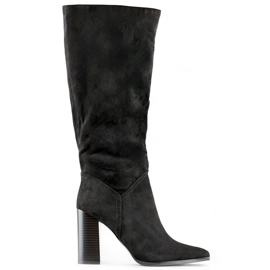 Botas de tacón de mujer de ante, botas hasta la rodilla con tacón de aguja negro