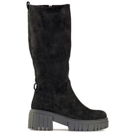 Botas de mujer clásicas negras con suela gruesa, botas por encima de la rodilla de ante negro