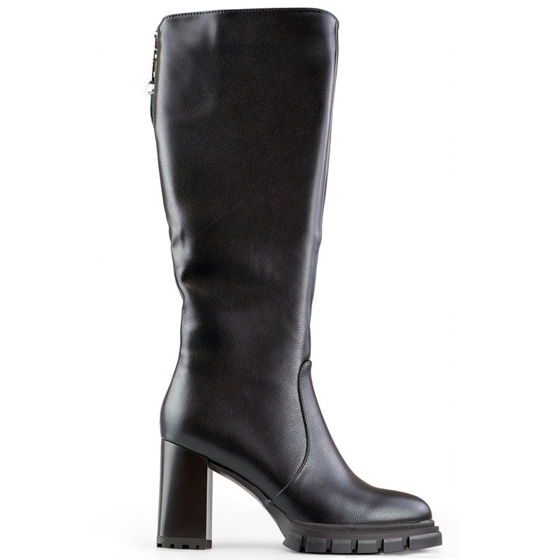 Botas negras hasta la rodilla con tacones altos, botas de mujer aisladas con tacón, cuero ecológico negro