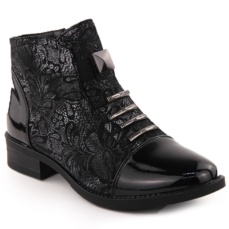 Botines de mujer negros con motivo de flores plateadas Sabatina DM24-08