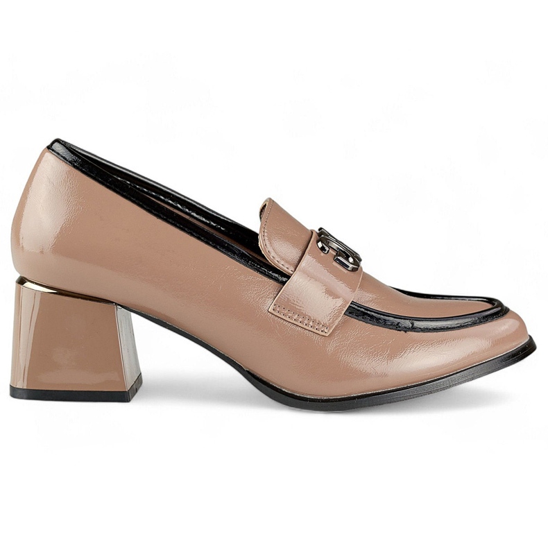Zapatos de tacón bajo charol beige, zapatos de salón de tacón para mujer