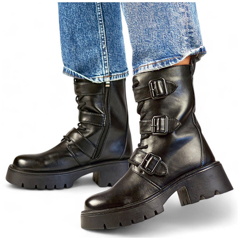 Botas altas de moto para mujer con hebillas, negras GD-FL2206B negro