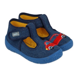 Pantuflas infantiles befado con velcro 631P046, azul marino, con aplicación de coche Pantuflas infantiles befado con velcro 631P046, azul marino, con aplicación de coche