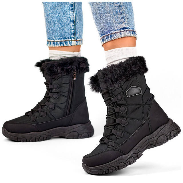 Botas de nieve aislantes para mujer con pelo, negro 9093B