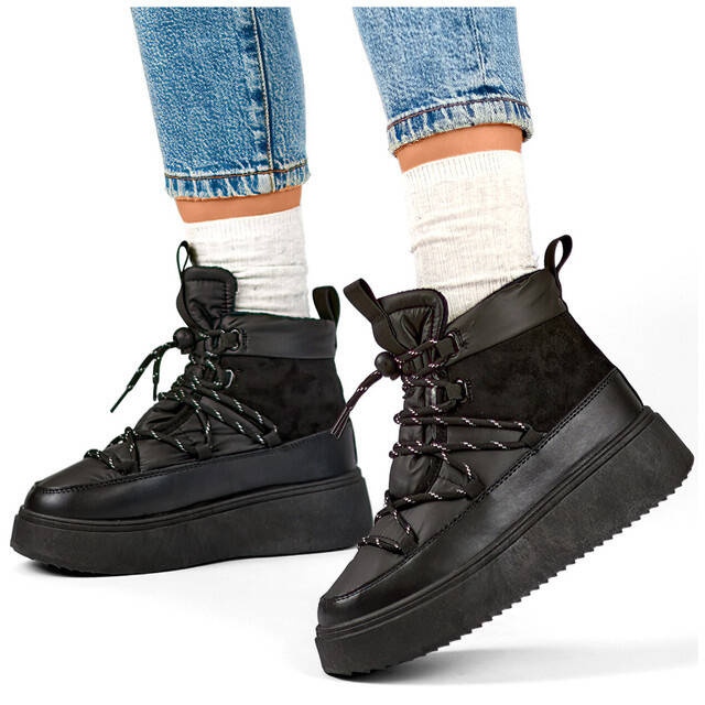 Botas de nieve para mujer con cordones y suela gruesa, negro 24-72302B