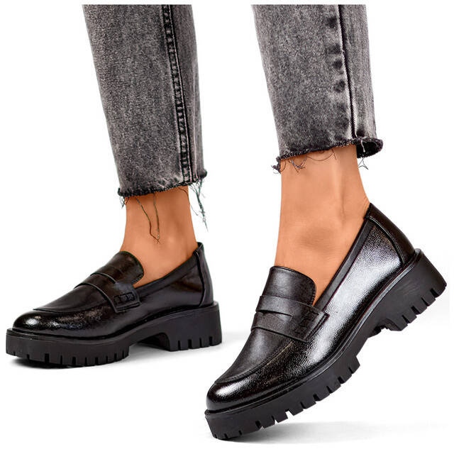 Mocasines de mujer con suela gruesa, mocasines negros XR-374B