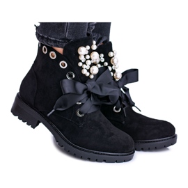 Botas Aislante De Ante Con Perlas Y Lazo, Perla Negra negro