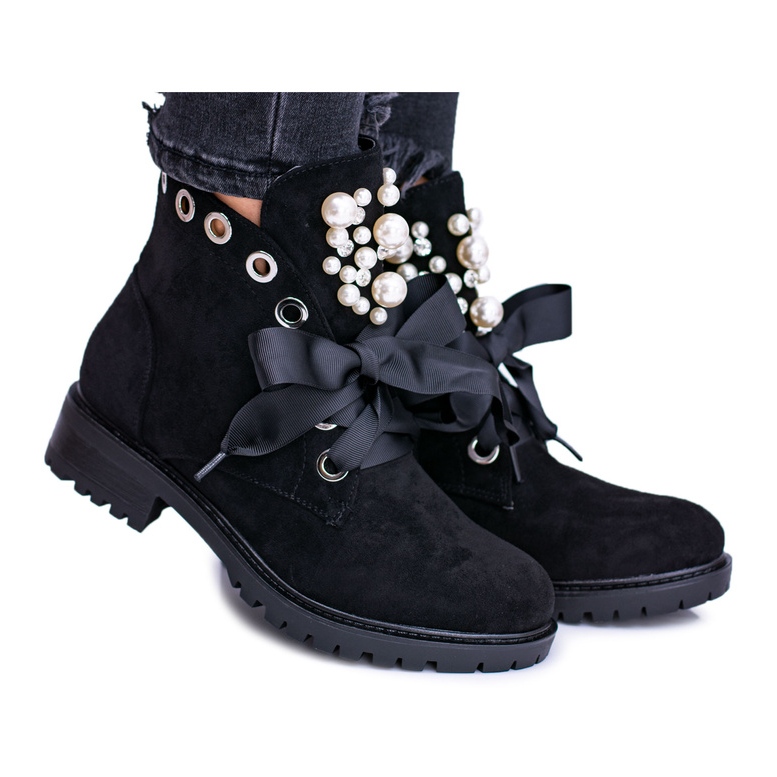 Botas Aislante De Ante Con Perlas Y Lazo, Perla Negra negro Botas Aislante De Ante Con Perlas Y Lazo, Perla Negra negro