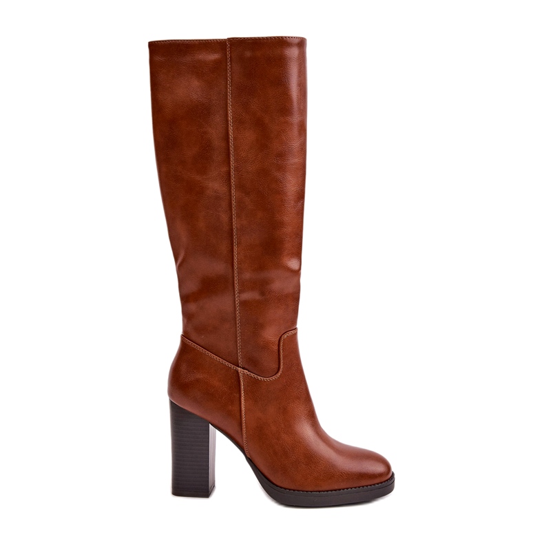 Botas para mujeres en el poste de cuero ecológico frente al camello de rodilla marrón Botas para mujeres en el poste de cuero ecológico frente al camello de rodilla marrón