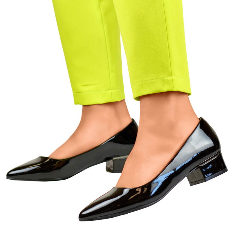 Zapatos de tacón bajo con punta en punta para mujer, charol negro, GD-XR106C-B