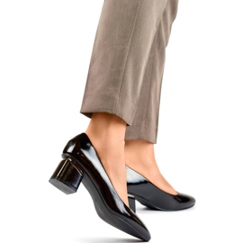 Zapatos de tacón para mujer con punta en punta y bloque bajo, charol negro, GD-XR-387B