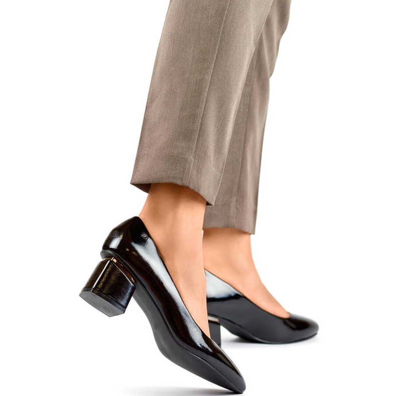 Zapatos de tacón para mujer con punta en punta y bloque bajo, charol negro, GD-XR-387B