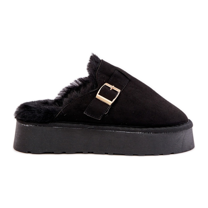 Zapatillas de mujer con suela gruesa con pelo y hebilla, Negro Linneola