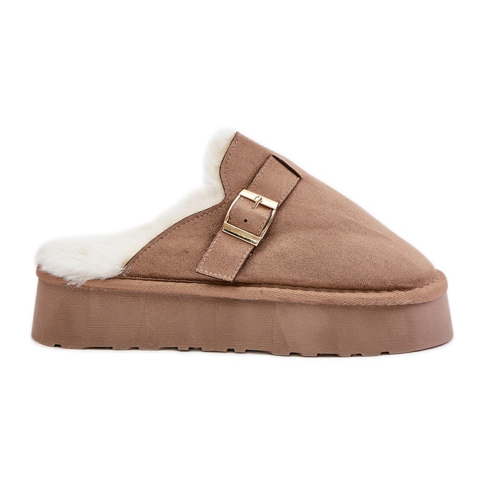 Zapatillas de mujer con suela gruesa con pelo y hebilla, beige oscuro Linneola