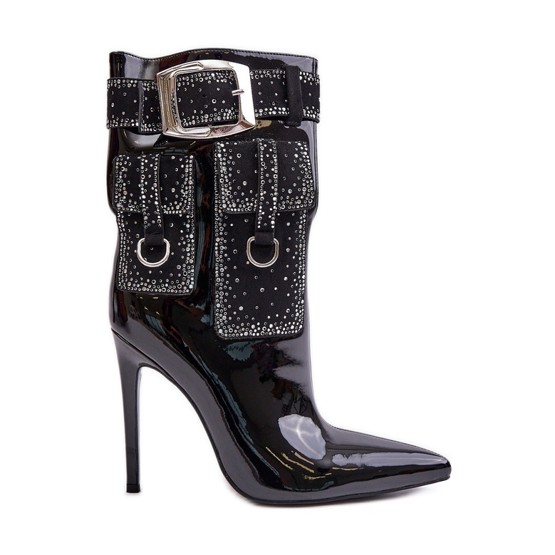 Botines Decorados Confeccionados En Charol Ecológico Con Tacón Alto Negro Botines Decorados Confeccionados En Charol Ecológico Con Tacón Alto Negro