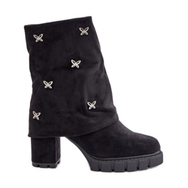 Botines decorados con parte superior vuelta y tacón alto, Black Esadora negro