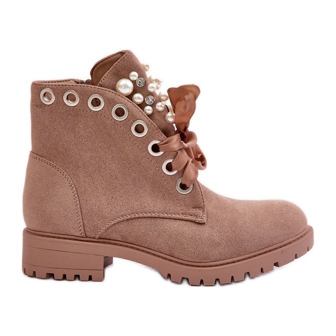 Botas Aislante De Ante Con Perlas Y Lazo, Beige Perla