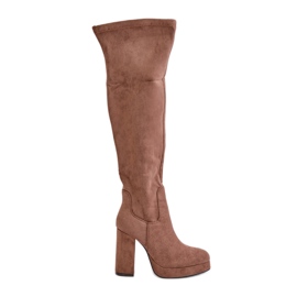 Botas de tacón alto y plataforma con pala por encima de la rodilla Ante ecológico Beige oscuro Zistaria