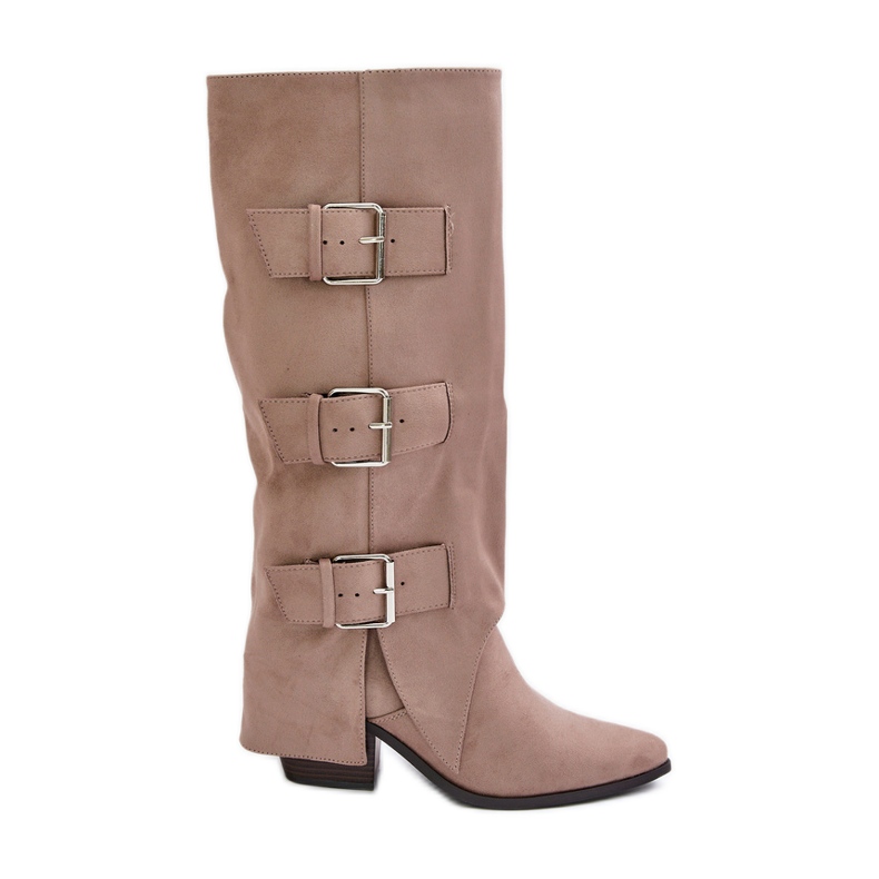 Botas de tacón alto beige con parte superior vuelta y hebillas, Beige Vmissa