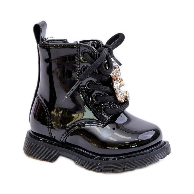 Botines infantiles de charol aislante con osito y cremallera, Negro Enchanta