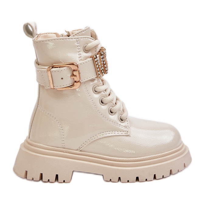 Botas de niña de charol con tira decorativa, beige Gilian