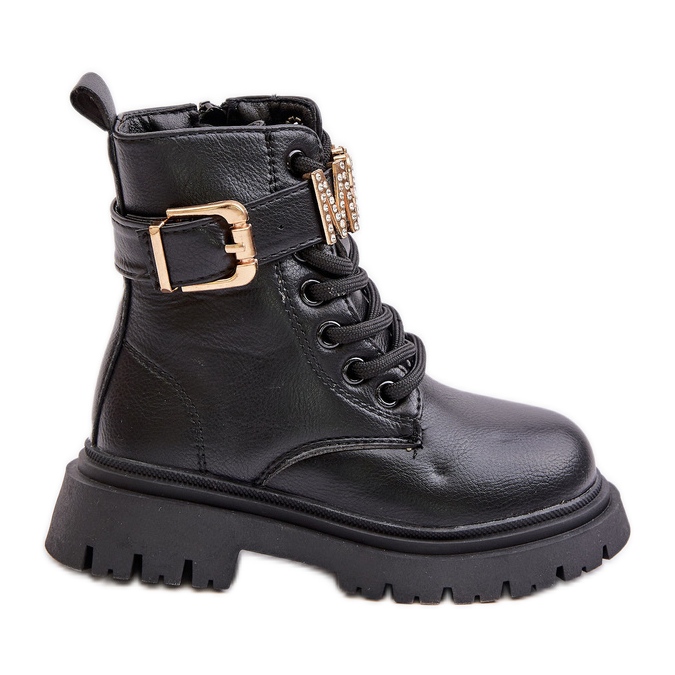 Botas Cálidas de Niña en Piel Ecológica con Tira Decorativa, Negro Gilian
