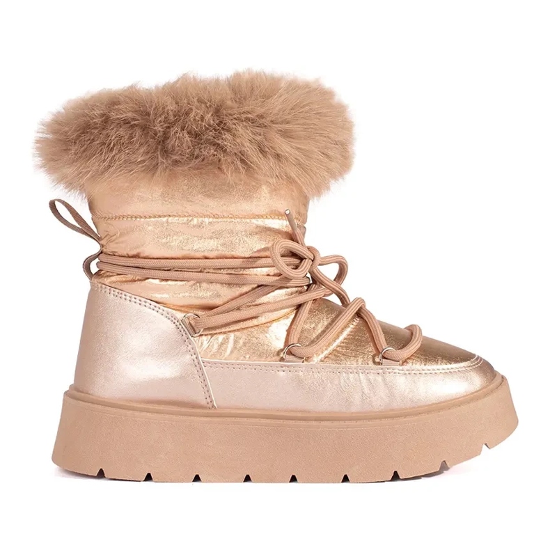 Botas de nieve doradas de mujer con pelo y suela gruesa. dorado