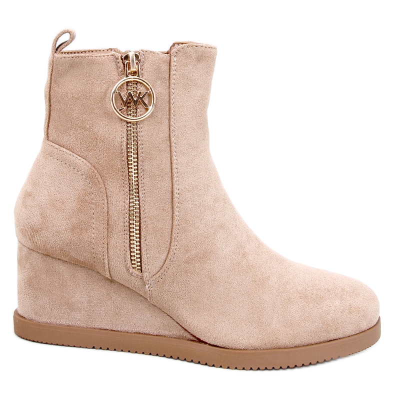 Botas de mujer con cuña y cremallera dorada, caqui-beige Botas de mujer con cuña y cremallera dorada, caqui-beige