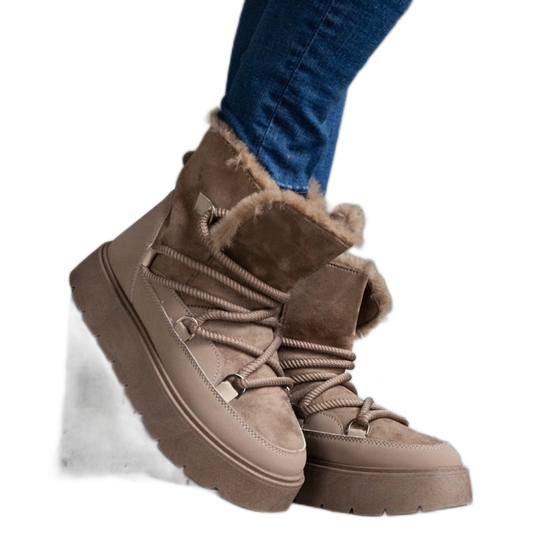 Botas de nieve de mujer con plataforma y forro de pelo beige oscuro