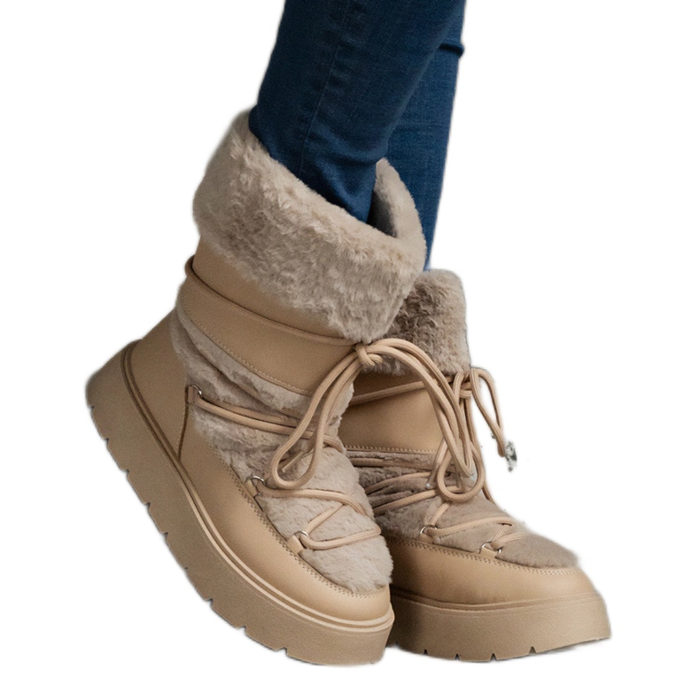 Botas de nieve sin cordones de mujer con aislamiento beige decoradas con pelo
