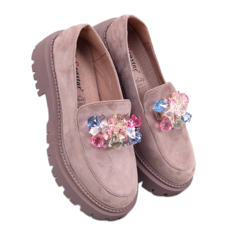 Seastar Mocasines de mujer con plataforma y pedrería beige-caqui