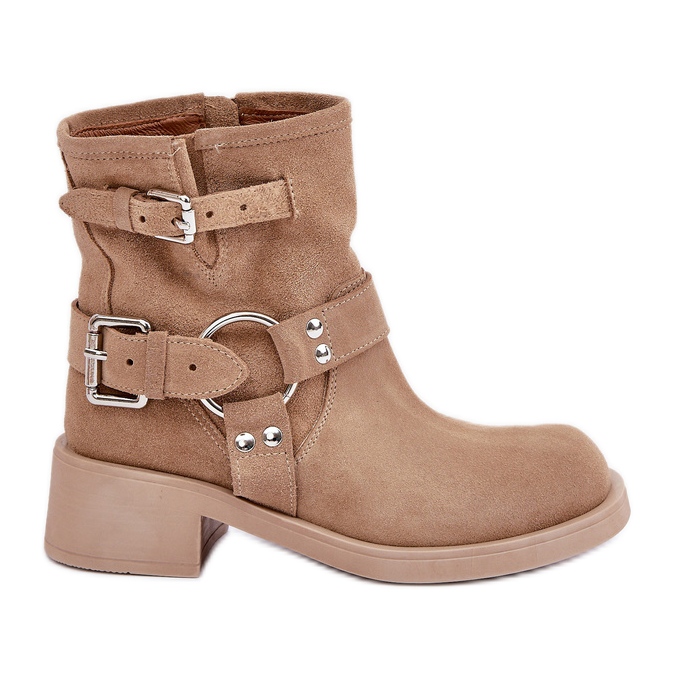 Botas Mujer Ante Tacón Bajo Bloque Con Tiras Zazoo 3644 Beige