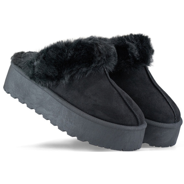 Pantuflas de mujer con plataforma y pelo, negro 81366-1B