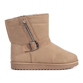 Botas de nieve de mujer beige claro con hebilla decorativa y cremallera.