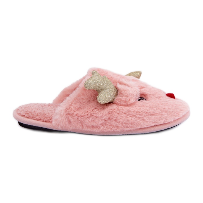 Pantuflas navideñas peludas de color rosa con motivo de renos rosado