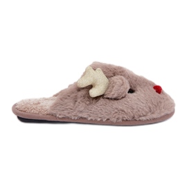 Pantuflas navideñas con motivo de renos, peludas, beige oscuro