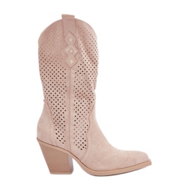 Botas Vaqueras Caladas Con Tacón Alto, Beige Claro