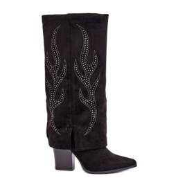 Botas decoradas con parte superior vuelta y tacón alto, negro