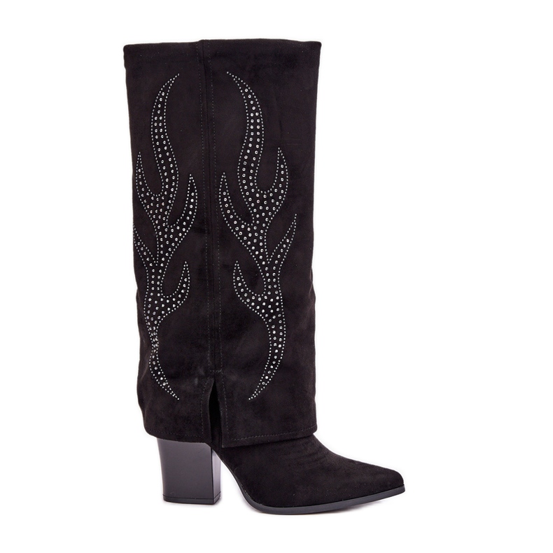 Botas decoradas con parte superior vuelta y tacón alto, negro Botas decoradas con parte superior vuelta y tacón alto, negro