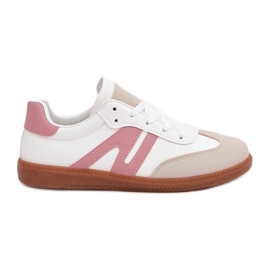 Zapatillas bajas de mujer confeccionadas en piel ecológica, blanco y rosa Navidemi