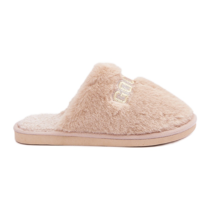 Pantuflas de mujer con pelo e inscripción, beige Pantuflas de mujer con pelo e inscripción, beige